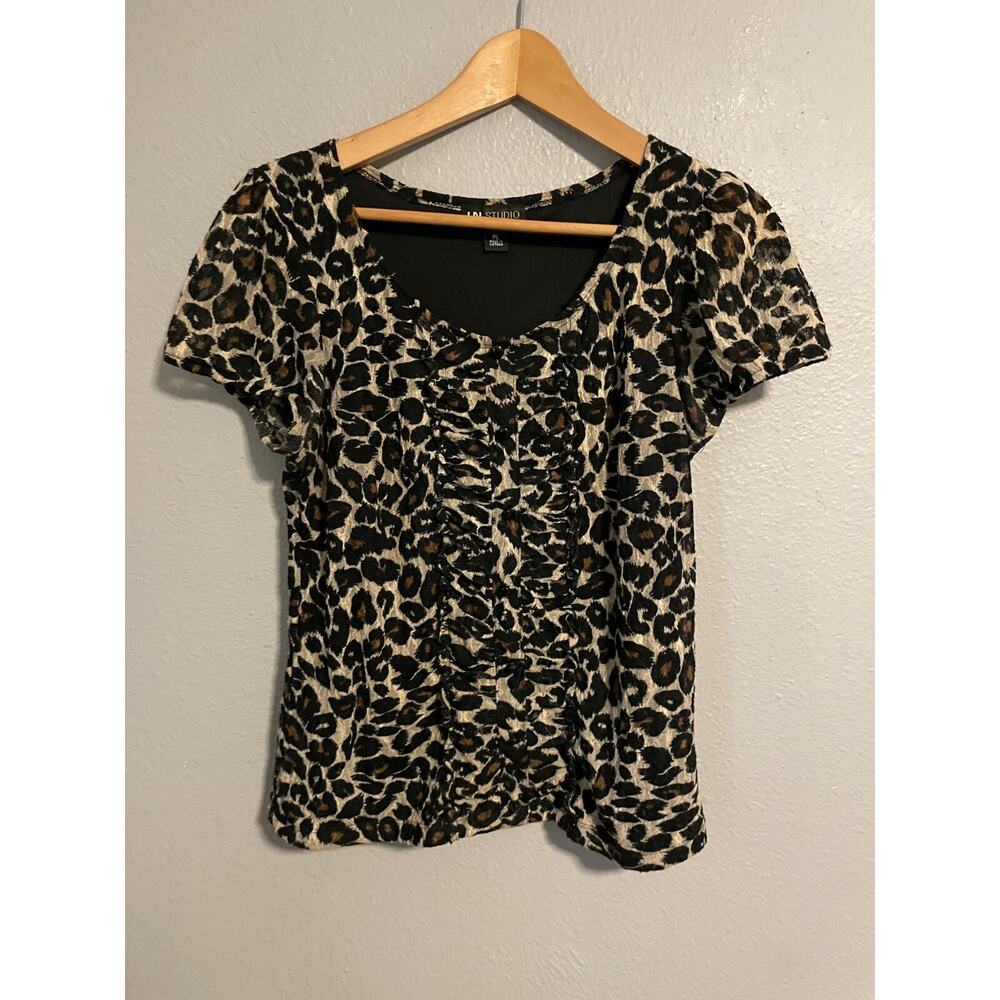 In Studio Womens Top Petite Large Leopard Print Mesh Ruffle Mob Wife Y2K Style